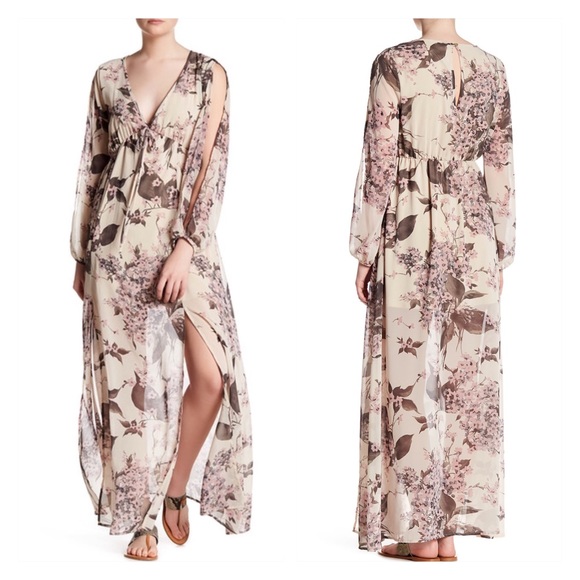 Sand floral print slit long sleeves  maxi dress - Picture 2 of 6